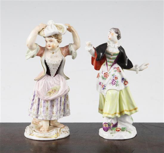 Two Meissen figures, late 19th / early 20th century, 12.5cm, dancing figure loss to right hand